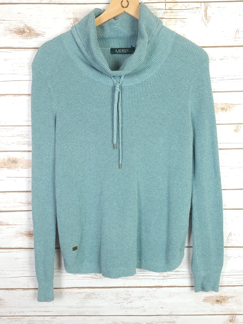Lauren Ralph Lauren Top Women Large Green Pullover Waffle Knit Thermal Cowl Neck